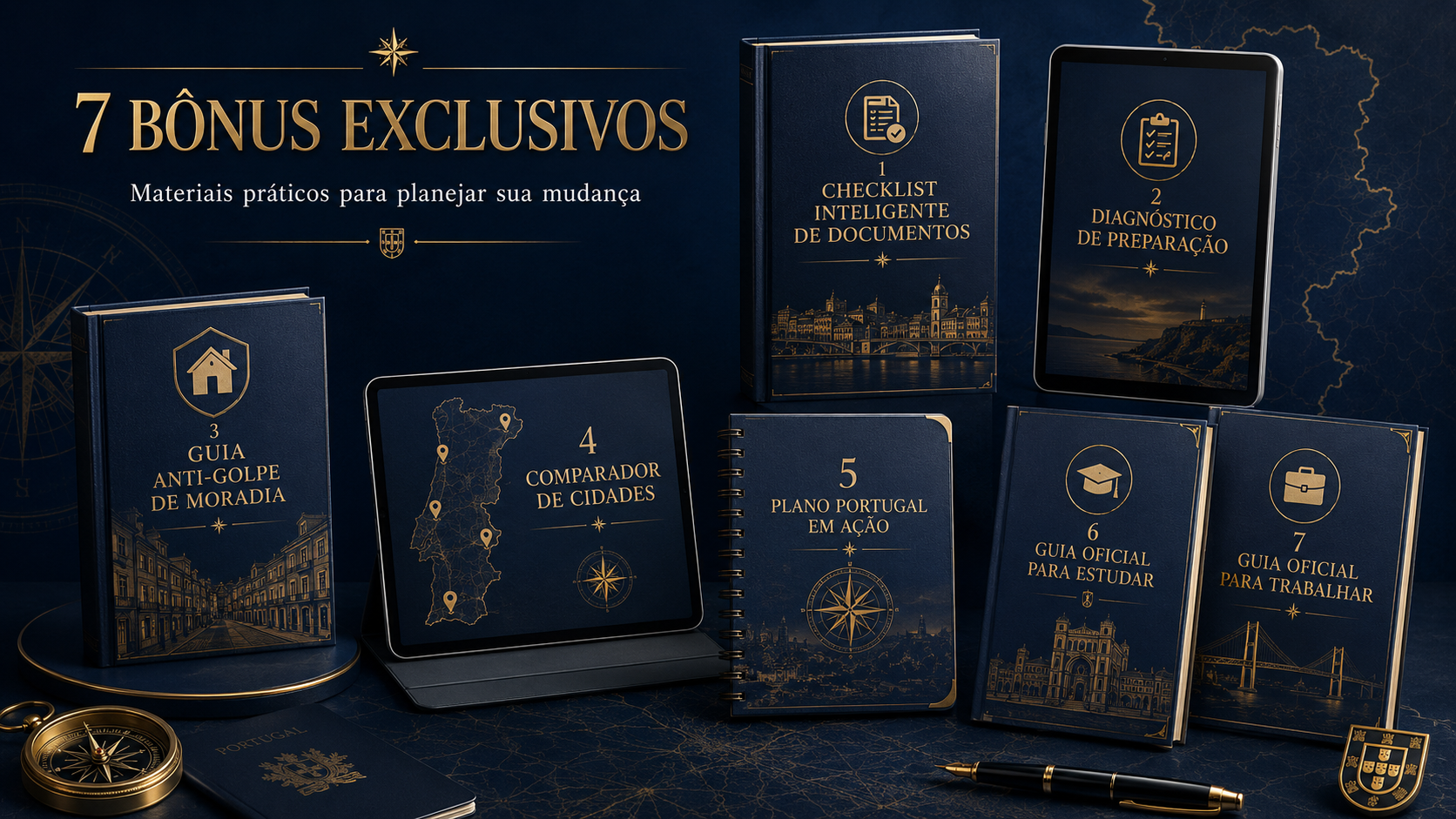 Mockups dos 7 bônus exclusivos do Plano Portugal
